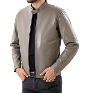 Blouson bomber en cuir PU gris pour homme, col montant, fermeture éclair, coupe ajustée, longueur standard, vêtement décontracté d'automne - Product Image 1