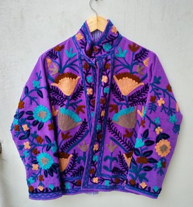 Handcrafted <b>Purple</b> Woolen Velvet Jacket Kashmiri Aari Embroidery Bohemian Winter <b>Cardigan</b> Coat Short Blazer Festival Wear - Product Image 3