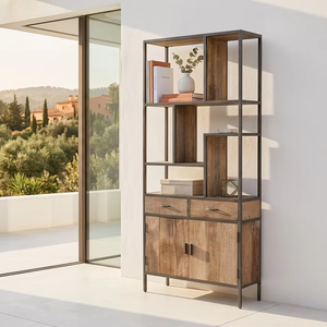 Silion Rack Eco-Friendly Durable Rustic Reclaimed <b>Wood</b> Industrial Iron Frame Tall Display <b>Bookcase</b> Cabinet Drawers Home Office - Product Image 2
