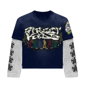 T-shirt vintage pour homme à manches longues double couche, délavé à l'acide, effet vieilli, avec logo personnalisé sérigraphié, en coton coupe ample - Product Image 1