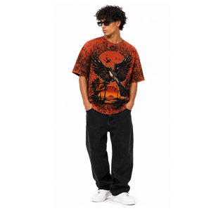 T-shirt à manches courtes surdimensionné de bonne qualité, col rond, en coton imprimé motif palmiers au coucher du soleil, coupe décontractée en jersey, t-shirt classique - Product Image 4