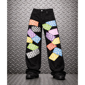 Nouveau design 2026 – Jean en denim délavé noir multi-couleurs avec patchs, coupe ample et déchirée pour homme - Product Image 1