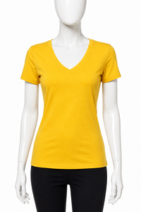 Camiseta Amarilla de Cuello en V para Mujer, Manga Corta, Color Sólido, Informal, Transpirable, Corte Regular, Algodón Jersey, Primavera Verano - Product Image 3