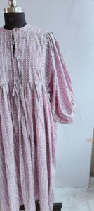 Ethnic Boho Pink Geometric Hand Print Cotton Midi <b>Dress</b> With Tie Neck Short Puff Sleeve <b>Loose</b> Fit Casual <b>Dress</b> For Women - Product Image 4