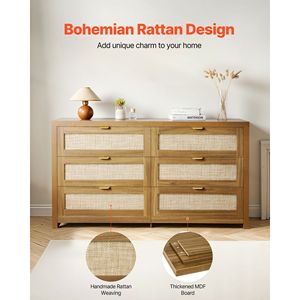 Cassettiera Moderna a 6 Cassetti in Legno con Maniglie in Metallo, Comò Doppio in Rattan Naturale per Camera da Letto, in Rovere, Ideale per Seminterrato - Product Image 4