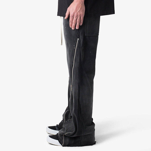 Pantalon de survêtement évasé noir pour homme, taille élastique, cordon de serrage, fermeture éclair latérale, style streetwear, effet usé, mélange de coton - Product Image 4