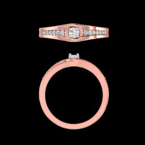 Anillo de compromiso moderno de oro rosa con diamantes redondos de 0.19 quilates, estilo bypass con tensión, vástago cruzado flotante y detalles laterales pavé. - Product Image 1