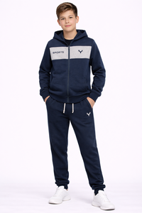 Ensemble de survêtement pour enfants de qualité supérieure, bleu marine, avec capuche, tissu en mélange de coton molletonné doux, confort toute la journée, sweat à capuche léger avec fermeture éclair intégrale - Product Image 4