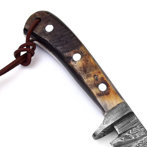 Custom Handmade Hunting Knife with <b>Fire</b> Pattern Damascus Steel Blade and Horn Handle 8-Inch Overall Length with Leather Sheath - Product Image 5