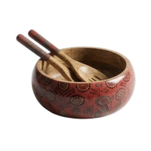Stylish Decorative Wooden Serving <b>Bowl</b> and Spoon Set <b>Large</b> 10-Inch Enamel Coated Salad <b>Bowl</b> for Home & Hotel Supply - Product Image 1