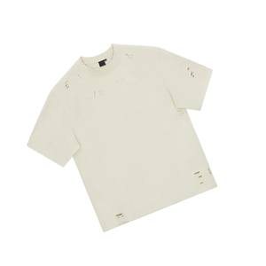 เสื้อยืดโอเวอร์ไซส์ขาดๆ แบบดิสเทรส ผ้าคอตตอนหนา สกรีนโลโก้ได้ สตรีทแวร์ลำลอง ยูนิเซ็กส์ คุณภาพสูง โรงงาน OEM ผู้ผลิตเสื้อยืดขายส่ง - Product Image 4