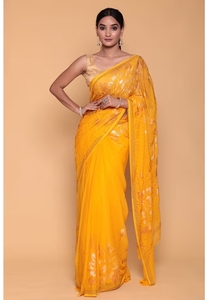 Sari KV Mustard con adornos y blusa sin coser - Product Image 6