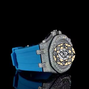 Montre pour homme en silicone bleu, bracelet en caoutchouc, diamants de laboratoire de luxe, montre analogique à quartz, boîtier rond, cristal saphir, montre de sport - Product Image 5
