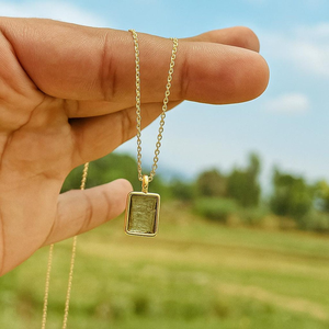 Authentic Raw Moldavite Rectangle Pendant <b>Necklace</b> 18K Gold Plated Brass Minimalist Style <b>Necklace</b> for Unisex Everyday Wear - Product Image 5