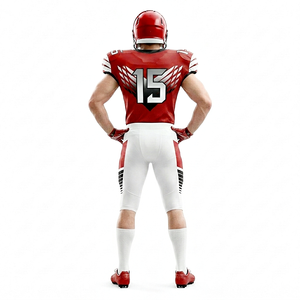 Men's American Football Uniform Set Red White V-Neck Half Sleeves Sublimated Jersey with Number 15 and Matching Pants - Product Image 2