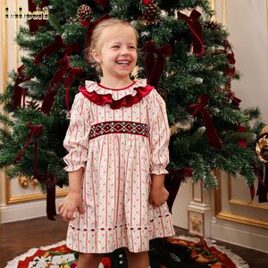 Girls Holiday <b>Dress</b> with Double Ruffle Collar and Velvet Waistband ODM OEM wholesale smocked <b>dress</b> for girl - DR4290 - Product Image 5