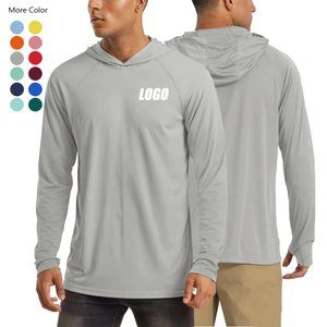 Men's Long Sleeve Hooded Fishing Shirt UPF 50 Quick Dry Solid Color Logo Front Print Pullover Top - Product Image 1