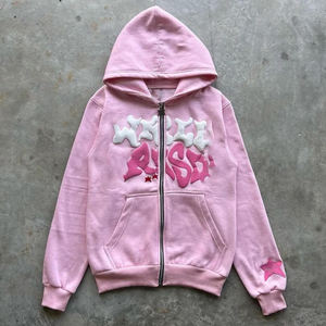 Custom 3D Puff Print Hoodie Women Oversized Cropped Heavyweight 500GSM Fleece Streetwear Acid Wash Zip-Up Pullover Sweatshirt - Product Image 5