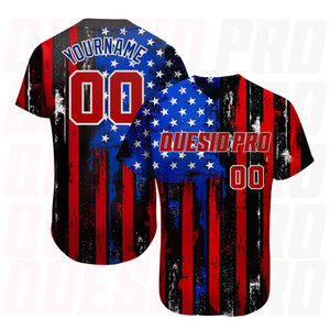Maillot de baseball authentique personnalisé avec drapeau américain 3D vieilli noir, rouge, bleu roi et blanc, impression par sublimation personnalisée - Product Image 1