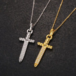 Collar con colgante religioso en forma de espada con cristales de imitación, aleación chapada en oro y plata, joyería de regalo unisex - Product Image 1