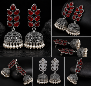 Pendientes Jhumka Bohemios de Latón Plateado con Ónix, Estilo Antiguo, Venta al por Mayor |   Pendientes de Perlas de Imitación Étnicas Indias Hechos a Mano para - Product Image 5