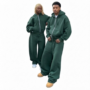 Conjunto de chándal unisex de peso pesado al por mayor, sudadera con capucha extragrande con cremallera, pantalones deportivos de pierna ancha, ropa de calle transpirable para otoño, a juego para parejas - Product Image 2