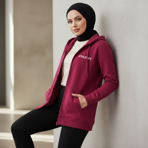 Sweat-shirt de sport pour femme musulmane, coupe longue et ample, à capuche, zippé sur le devant, respirant, en molleton écologique, couleur unie, pour l'entraînement - Product Image 1