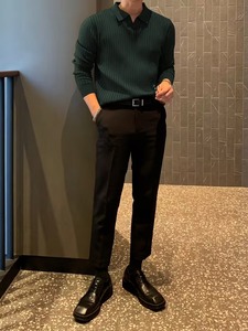 Mens Premium Ribbed Knit <b>Polo</b> Shirt Long Sleeve Slim Fit Buttonless V <b>Neck</b> Solid Color Textured Casual Men Pullover <b>Sweaters</b> - Product Image 4