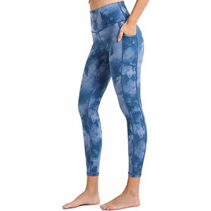 Women Blue Tie Dye Yoga Pants with Pockets High Waisted Workout Leggings <b>Tummy</b> <b>Control</b> Gym Tights Sportswear - Product Image 5