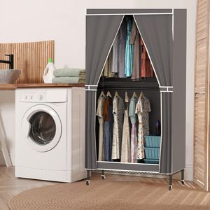 Appendiabiti Portatile a 2 Livelli con 4 Ruote, 2 Aste Appendiabiti e 2 Ganci, Copertura per Armadio e Appendiabiti, Dimensioni 35.43x1" - Product Image 1