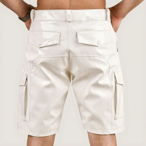 Shorts cargo blancs pour hommes en polyester, taille mi-haute, longueur Bermuda, séchage rapide, style décontracté avec poches, tissu satiné, fermeture boutonnée - Product Image 5