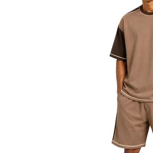 Mocha Brown <b>Mens</b> Oversized T <b>Shirt</b> And Shorts Set Dark Brown Contrast Sleeves Custom Logo Crew Neck Casual Streetwear Wholesale - Product Image 3