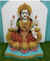 Patung Dewi Ganga Devi dari Marmer Buatan Tangan, Murti Dewi Berukir Putih Merah Emas untuk Dekorasi Rumah dan Kuil