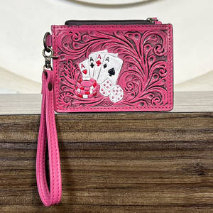 Nueva Cartera Delgada de Cuero Rosa con Diseño de Dados de Póker, Cierre de Cremallera y Correa para la Muñeca, Unisex - Product Image 2