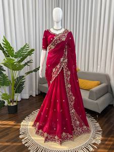 Designer Fendy Saree Heavy Beads Embroidery <b>Red</b> Summer/Winter Wedding Party Wear Quick Dry Unstitched Blouse Women - Product Image 4