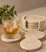 Ensemble de 4 sous-verres en marbre naturel de qualité supérieure avec support assorti, couleur ivoire beige chaud, sous-verres ronds pour table