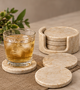 Ensemble de 4 sous-verres en marbre naturel de qualité supérieure avec support assorti, couleur ivoire beige chaud, sous-verres ronds pour table - Product Image 4