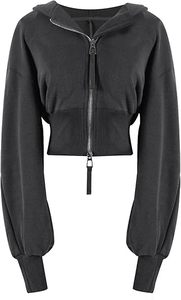 Sweat-shirt unisexe décontracté noir à capuche avec manches lanternes et fermeture éclair sur le devant, en molleton tricoté couleur unie, coupe ajustée, idéal pour l'automne - Product Image 5