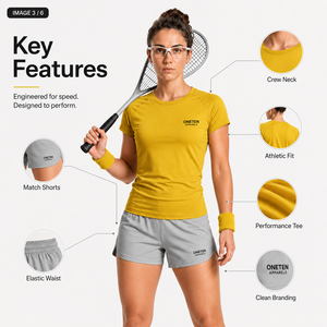 Conjunto de tenis para mujer con logo personalizado, camiseta amarilla de manga corta y pantalones cortos grises, ropa deportiva para primavera/verano. - Product Image 3