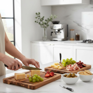 เขียงไม้สักทรงสี่เหลี่ยมแบบหนาพิเศษ |   แผ่นไม้ขอบเรียบแบบกลับด้านได้ พร้อมร่องน้ำหยดและรูมุมสำหรับอาหารในครัว - Product Image 2