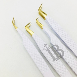 Top Sale <b>Eyelash</b> Tweezers White Color Golden Tip <b>Mink</b> <b>Eyelash</b> <b>Extension</b> Volume Tweezers Stainless Steel Curved Tweezers - Product Image 5