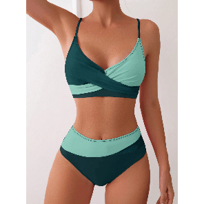 Traje de Baño de Dos Piezas para Mujer, Cintura Alta, Diseño Cruzado con Bloques de Color, Bikini, Ropa de Playa - Product Image 1