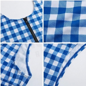 Women's Blue <b>Checkered</b> One-Piece Swimsuit With Front Zipper Scoop Neck High Waist Design - Product Image 4