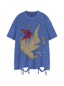 T-shirt imprimé graphique déchiré effet vieilli, délavé à l'acide, coupe oversize ample, style streetwear, en coton épais, épaules tombantes - Product Image 1
