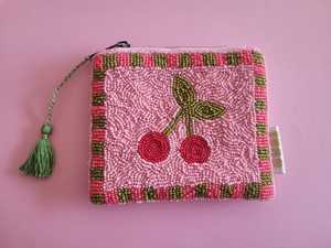 Handmade Beaded Coin <b>Purse</b> – Pink Cherry Pouch with <b>Green</b> Tassel, Cute Beaded Wallet, Fruit Bead Bag, Small Gift for Her. - Product Image 2