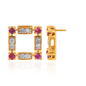 Boucles d'oreilles clous de créateur en diamant et rubis de culture, or jaune 18 carats, bijoux fins géométriques, boucles d'oreilles de luxe pour femmes, vente en gros - Product Image 3