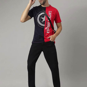 Best Price Men's <b>Short</b> <b>Sleeve</b> T-Shirt Red And Navy Blue Contrast Print Jersey Cotton Casual O-Neck Regular Fit - Product Image 2