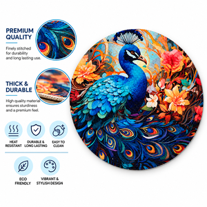 Decorative Round Polyester Placemat with Blue Peacock and Floral Pattern - Product Image 4