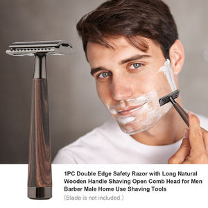 1 Rasoir de sécurité à double tranchant avec long manche en bois naturel, lame en alliage festonnée, outils de rasage - Product Image 6