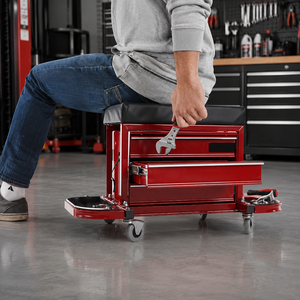 Tabouret d'atelier roulant avec coffre à outils à 3 tiroirs, siège de mécanicien robuste avec roues, plateaux latéraux pour réparation automobile GAPGAR024 - Product Image 1
